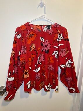 Ann Taylor Red Floral Long-Sleeve Blouse